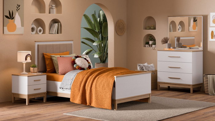 Hanah Home Cama Individual con Cabecero Tapizado en Madera y Roble Blanco Hanah Home Cama Individual con Cabecero Tapizado en Madera y Roble Blanco